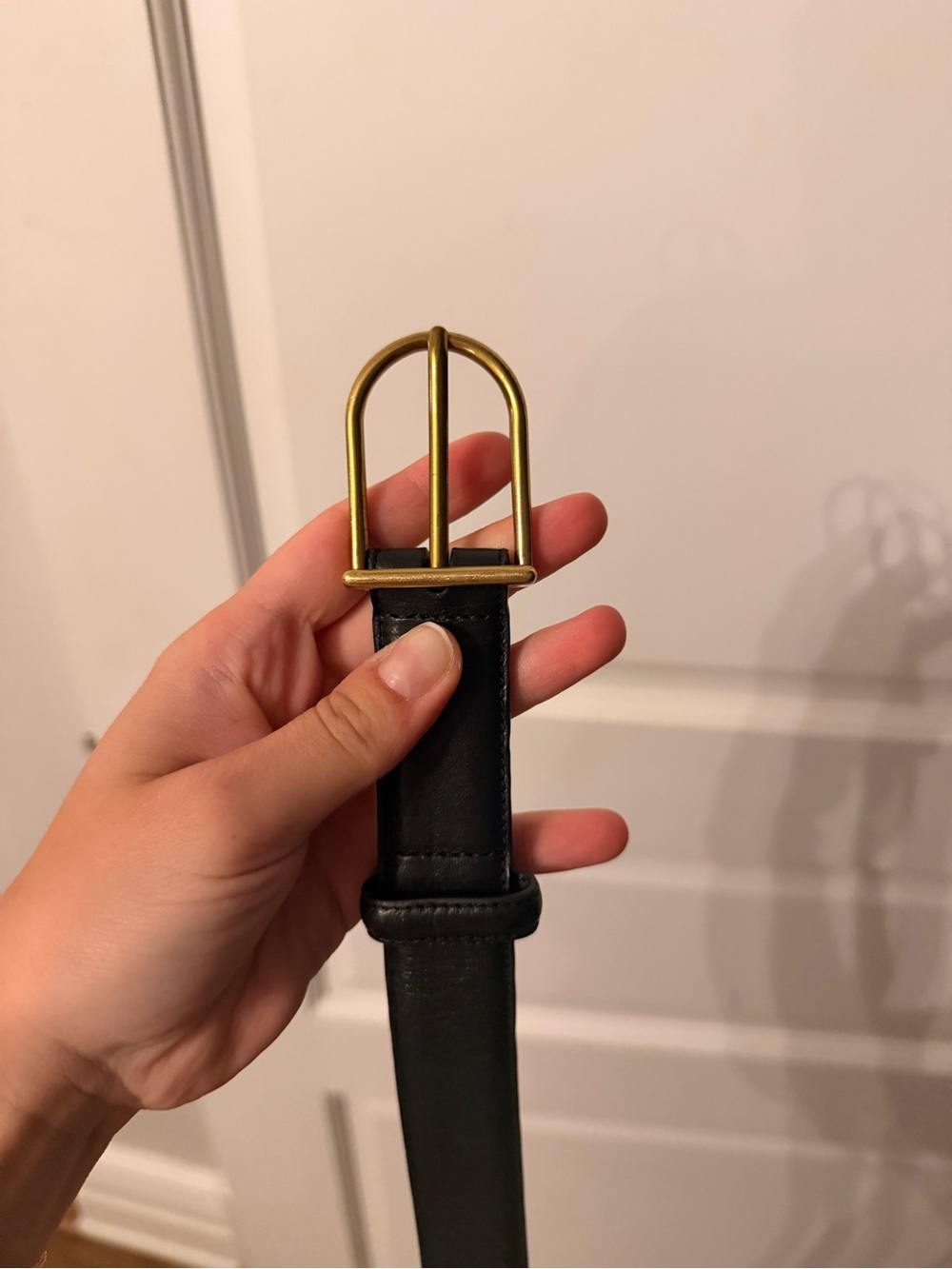 Aritzia Black Leather Belt with Brass-Tone Rounded Buckle